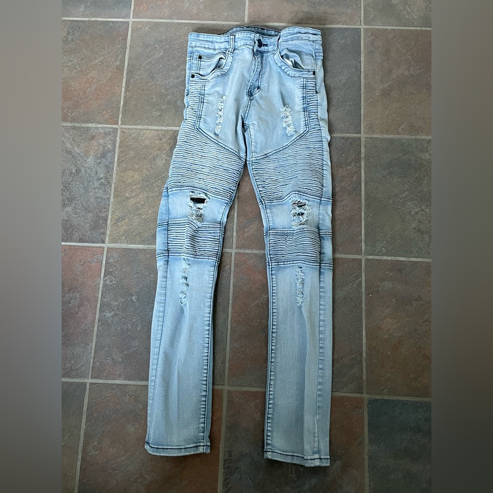 NITAGUT Men's Ripped Slim Straight fit Biker Jeans Light Blue